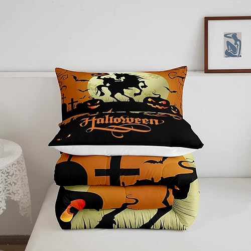 Miniatura 5 de Erosebridal Juego de ropa de cama con temática de Halloween, tamaño King, Kawaii, calabaza, murciélagos, juegos de ropa de cama con estampado de