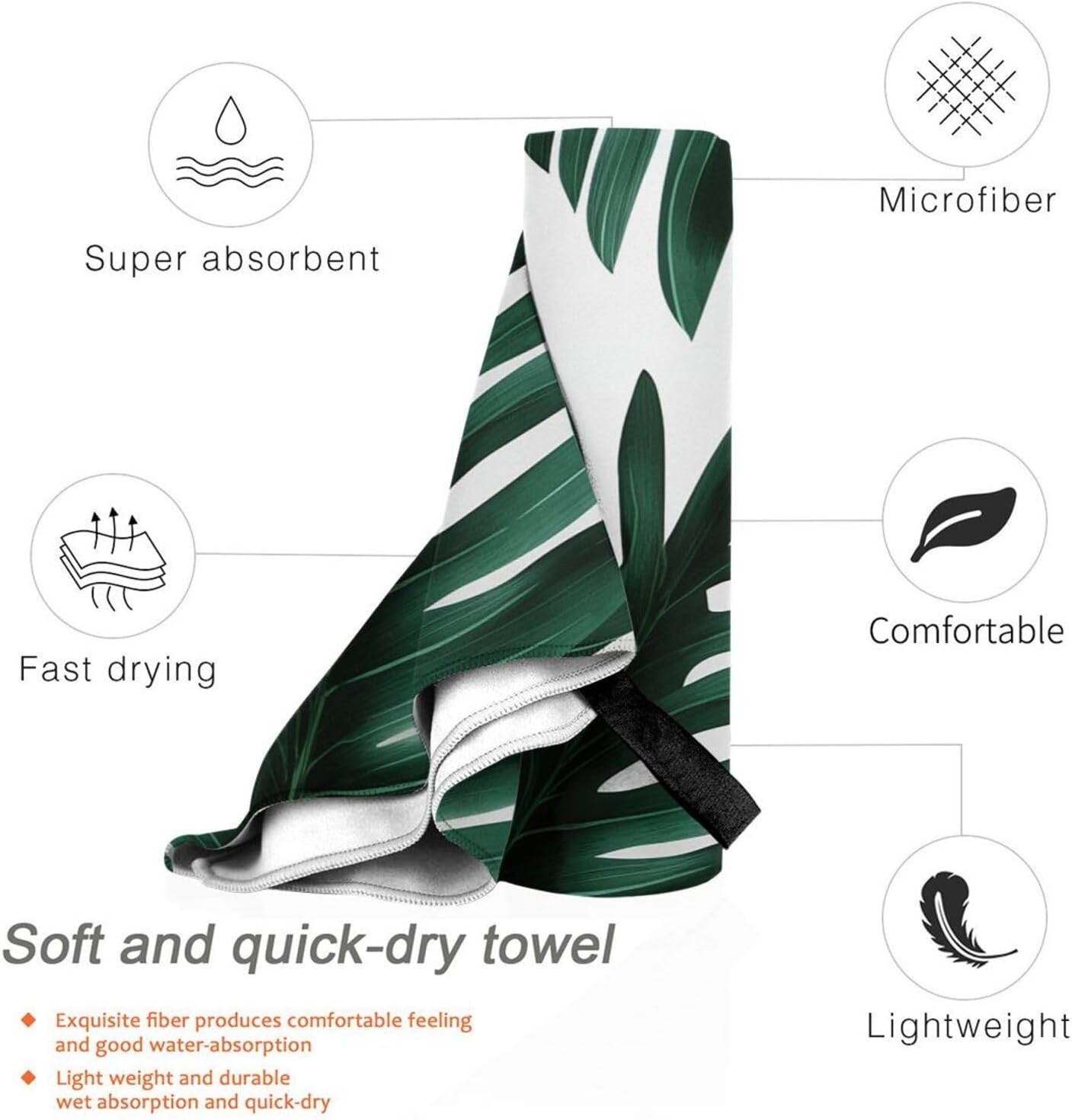 KHiry Microfiber Towel Beach Towels Cute Green Palm Leaves Quick Dry Towel Soft Lightweight Travel Towels Absorbent Large Easy Pack Travel Things Beach Blanket for Gym Sports Swimming