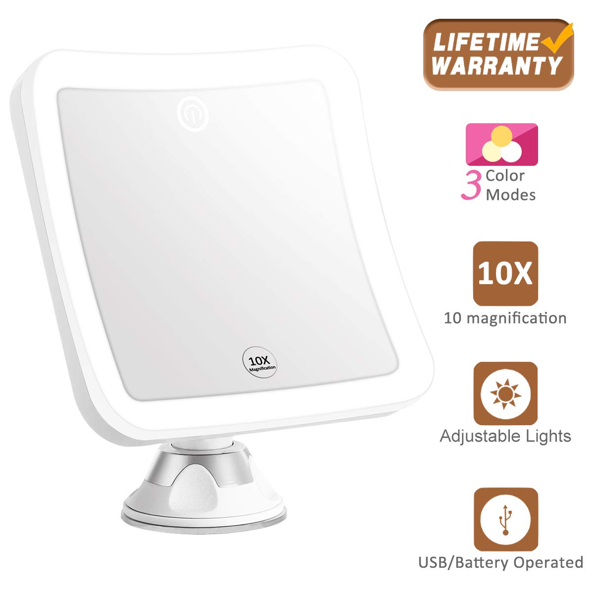KEDSUM 10X Magnifying Mirror with Lights, Portable Lighted Makeup Mirror with Magnification,3 Modes Adjustable Brightness,Cordless,USB Rechargeable