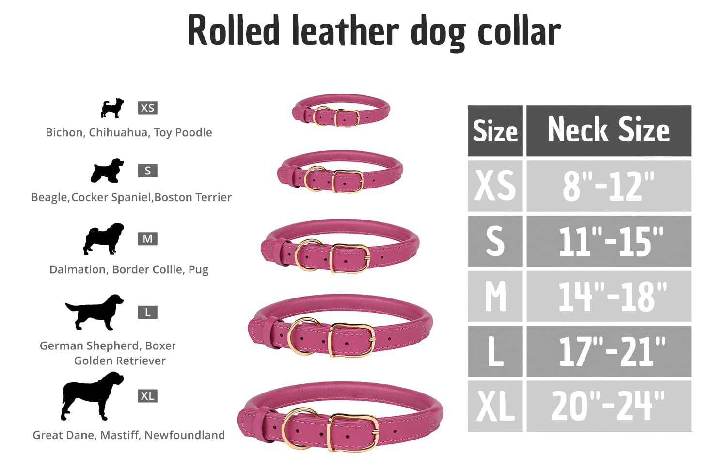 MUROM Rolled Leather Dog Collar Durable Round Rope Pet Collars for Small Medium Large Dogs Puppy Pink Purple Green Red Brown Gray (8"-12" Neck Fit - Image 3