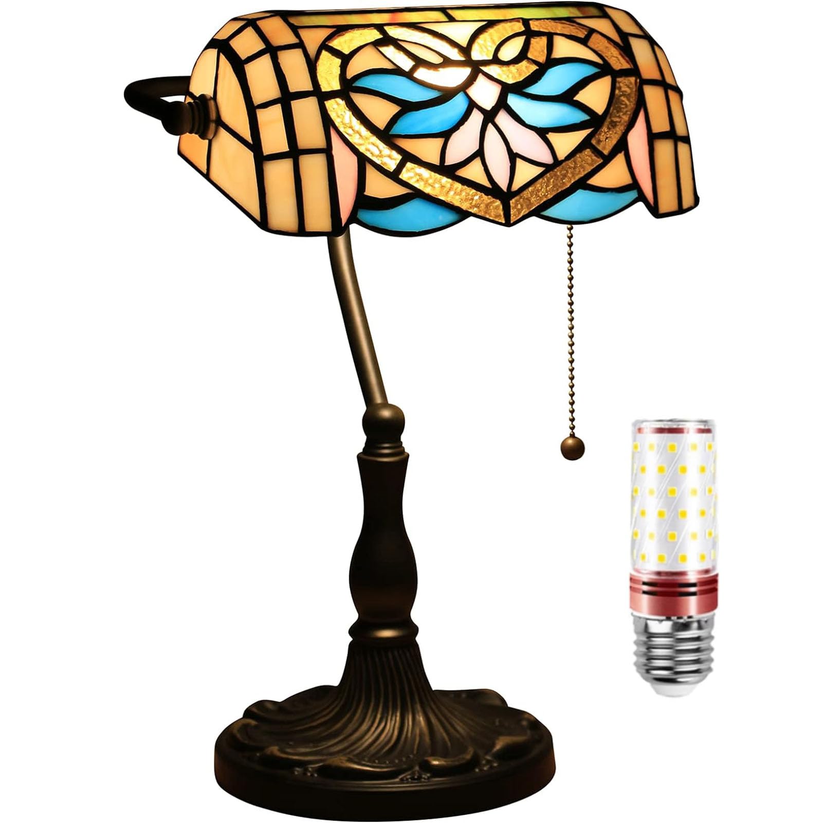 Aioneer Bankers Desk Lamp, Tiffany Lamp With Pull Chain Switch, Glass Table Lamp, Reading Lamps For Bedside Table, Art Deco Lamps-E