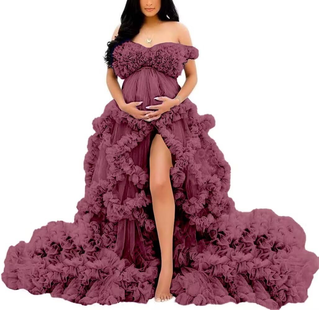 YIANN Desert Rose Maternity Dress Tulle Robe Pregnancy Dresses for Photoshoot Off Shoulder Bridal Lingerie for Baby Shower Gown UK6