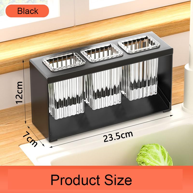 Jaugufiy Countertop Cutlery Drying Holder Cutlery Drainer Tableware Holder Box Tabletop Separated 3 Cups Fork Chopstick Kitchen Storage Cutlery Utensil Organizer (Black)
