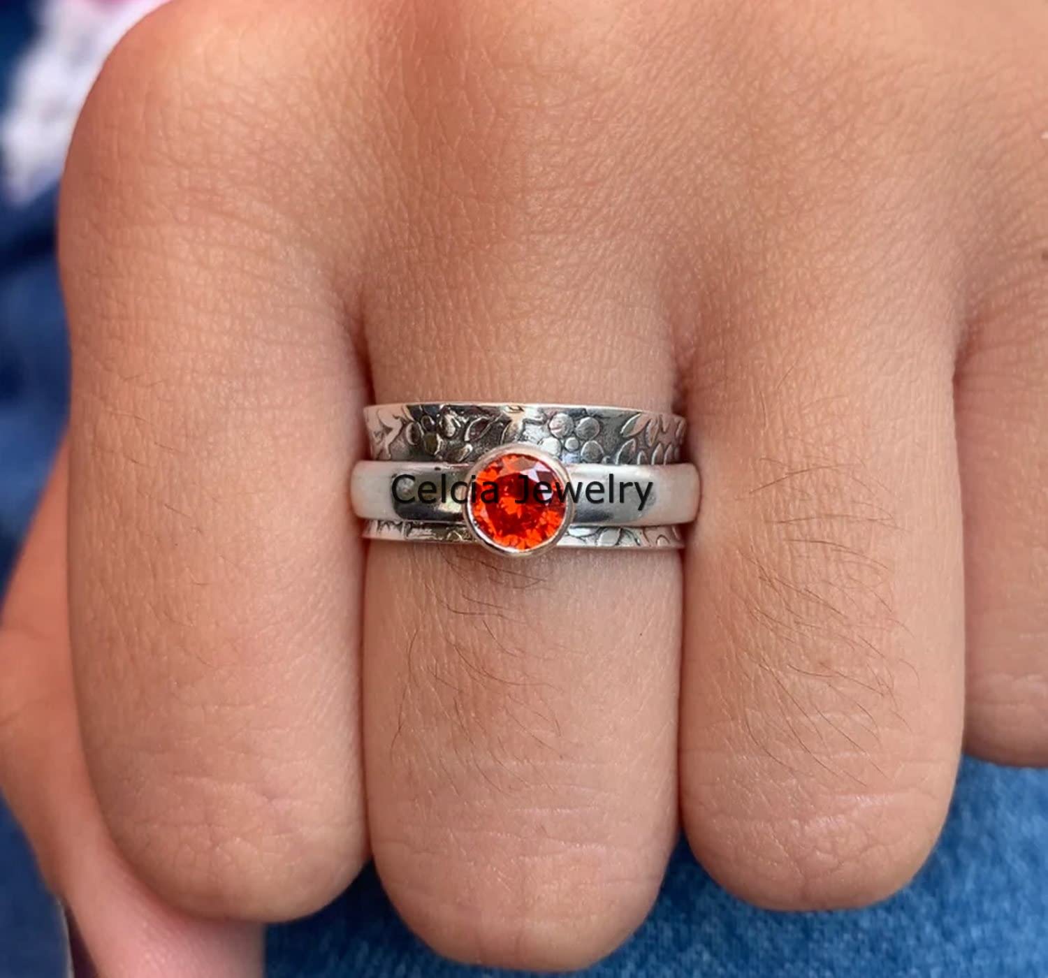 Anillo giratorio de plata con forma de flor y hojas de piedra preciosa de granate, hecho a mano, para meditación, ansiedad y ansiedad
