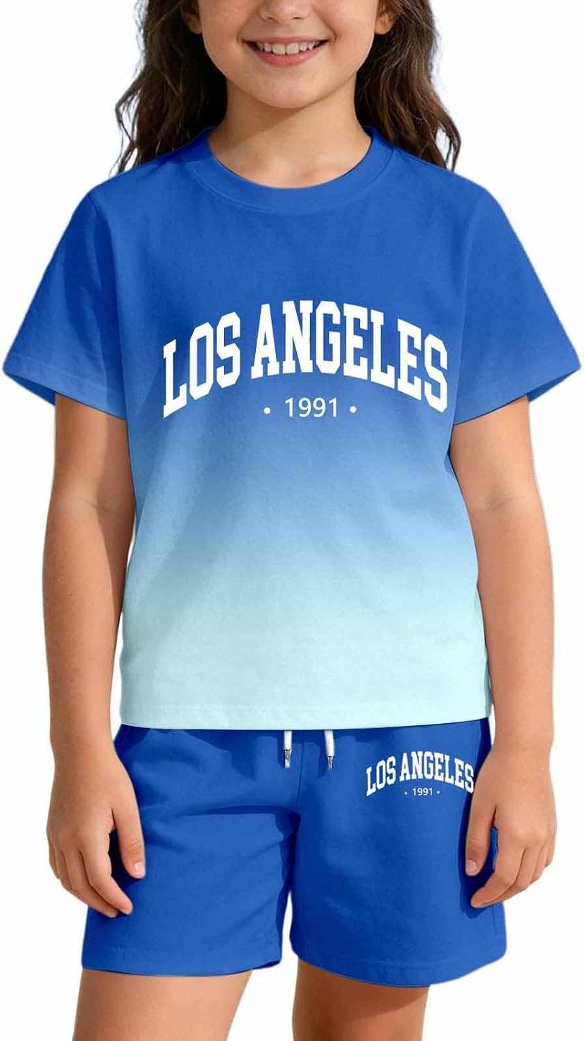 LOS ANGELES Girls Summer Outfits 2 Piece Sets Gradient Short Sleeve Shirts | and Shorts Set Kids Clothes with Pockets