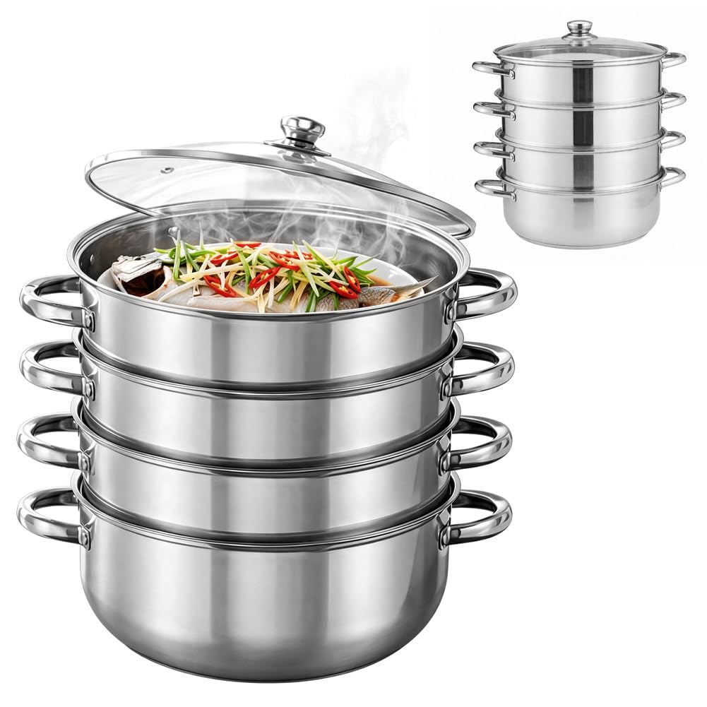 CEWROM Vaporera para cocinar al vapor, 28 cm, acero inoxidable, con inserto de vapor, 3/4 pisos con tapa de cristal para cocinar verduras, mariscos, sopas, guisos y pasta (4 niveles)