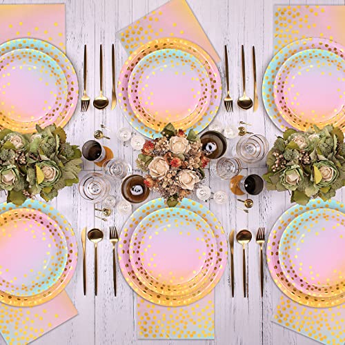 150Pcs Pastel Rainbow Plates And Napkins Party Supplies Golden Dot Pastel Paper Plates Disposable For 50 Guests Pastel Rainbow Birthday Decorations For Wedding Girl Birthday Pastel Theme Party #TOP4