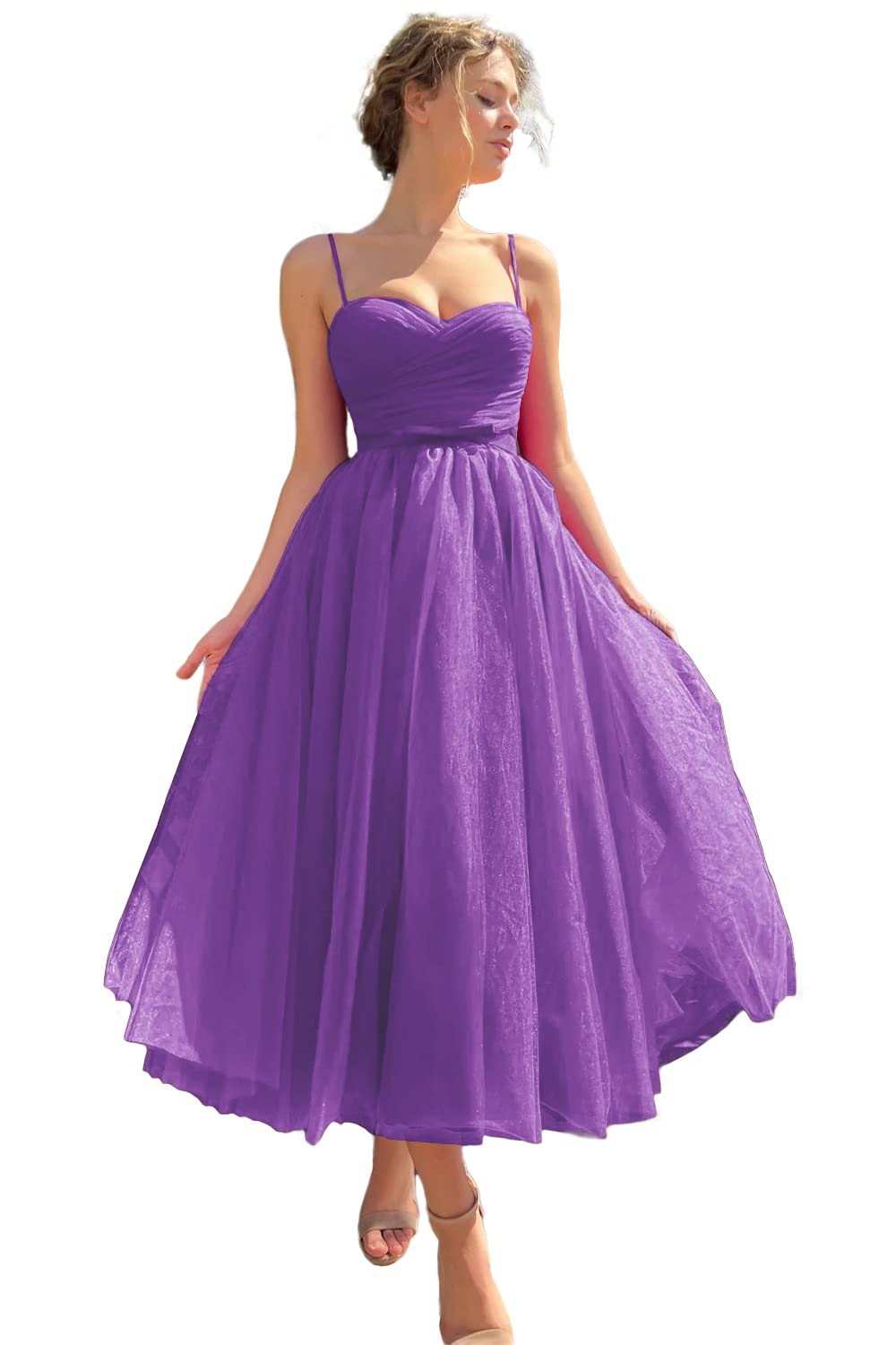Sevintage Spaghetti Straps Tulle Prom Dress Tea Length Formal Party Evening Dress with Pockets
