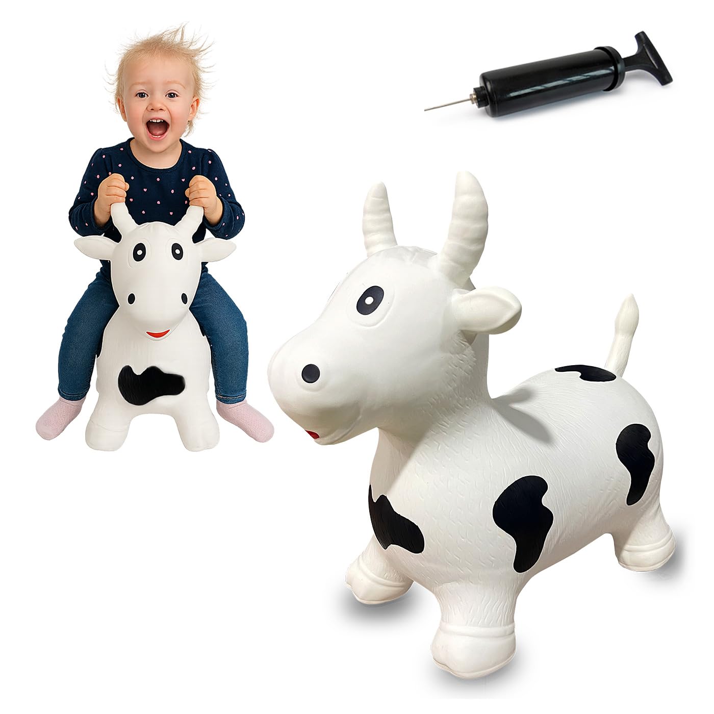 Jamara 460318 - Animale salterino Toro bianco/nero con pompa – Sviluppa l'equilibrio e capacità motorie, Orecchie come sostegno, Robusto e resistente fino a 50 Kg
