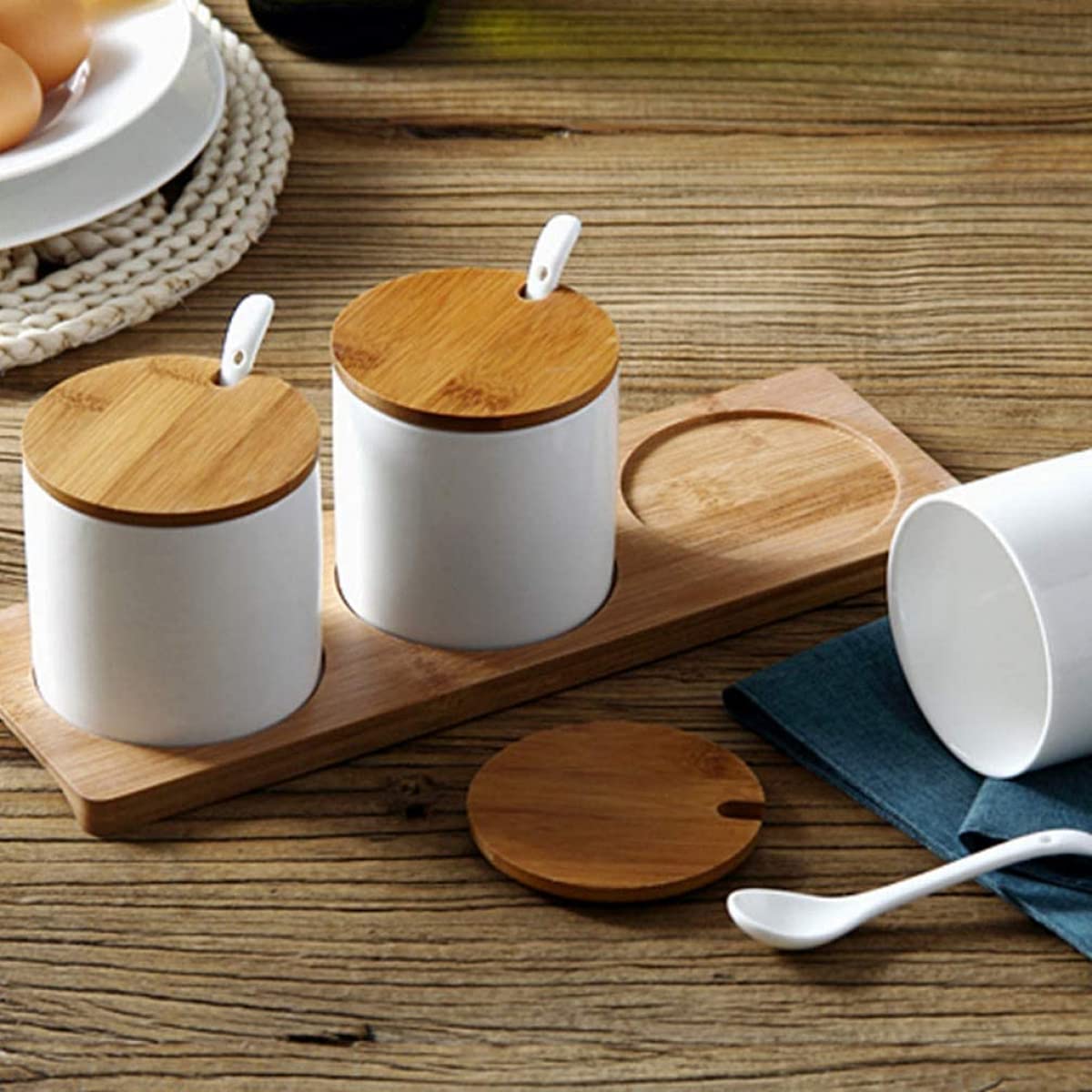 Gewürzdosen-Set, Gewürzdose, Gewürztopf, Pfeffer, Salz, Zuckerdose, Gewürzbehälter, Behälter mit Deckel, kleiner Löffelhalter for die Küche, weiße Dose