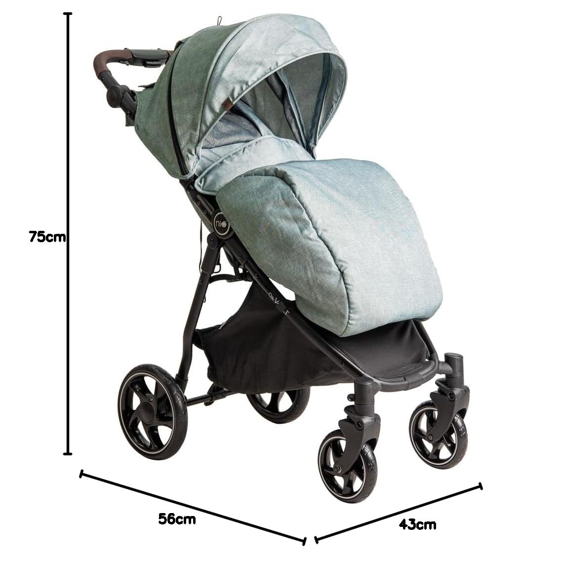 Niu – Silla de Paseo Cochecito de bebé VentT+ Capota XXL – Respaldo y Reposapiés ajustasble – Amortiguación 4 ruedas y chasis de aluminio – plegado compacto – Mosquitera y plástico de lluvia (Verde)