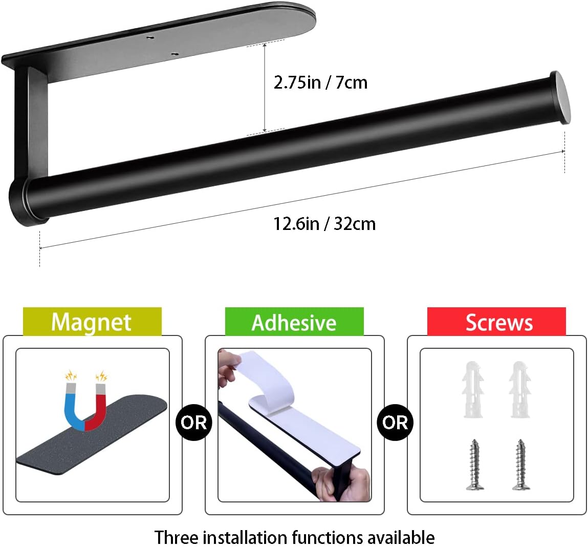Magnetic Paper Towel Holder, OBODING, 3-in-1 Multifunctional Black Kitchen Paper Towel Holders with Strong Magnetic Backing, for Kitchen, Refrigerator, Grill, Garage, Toolbox, RV (Black)