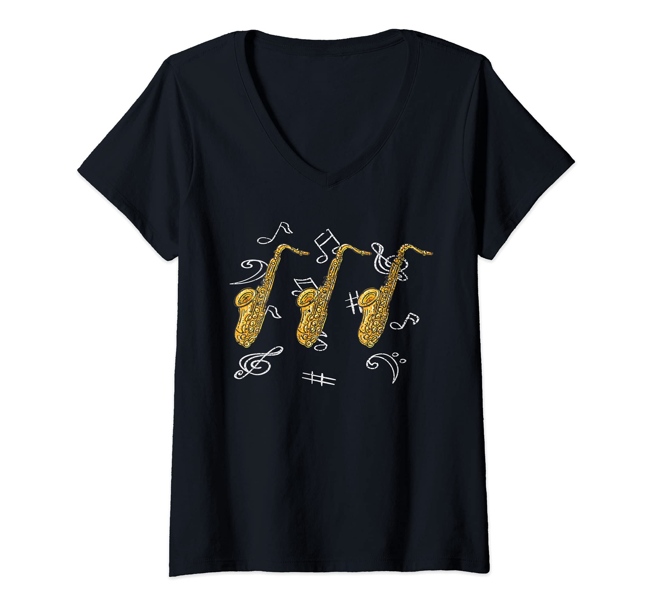 Womens Sax Player Musical Instrument Saxophonist Jazz Saxophone V-Neck T-Shirt, Black