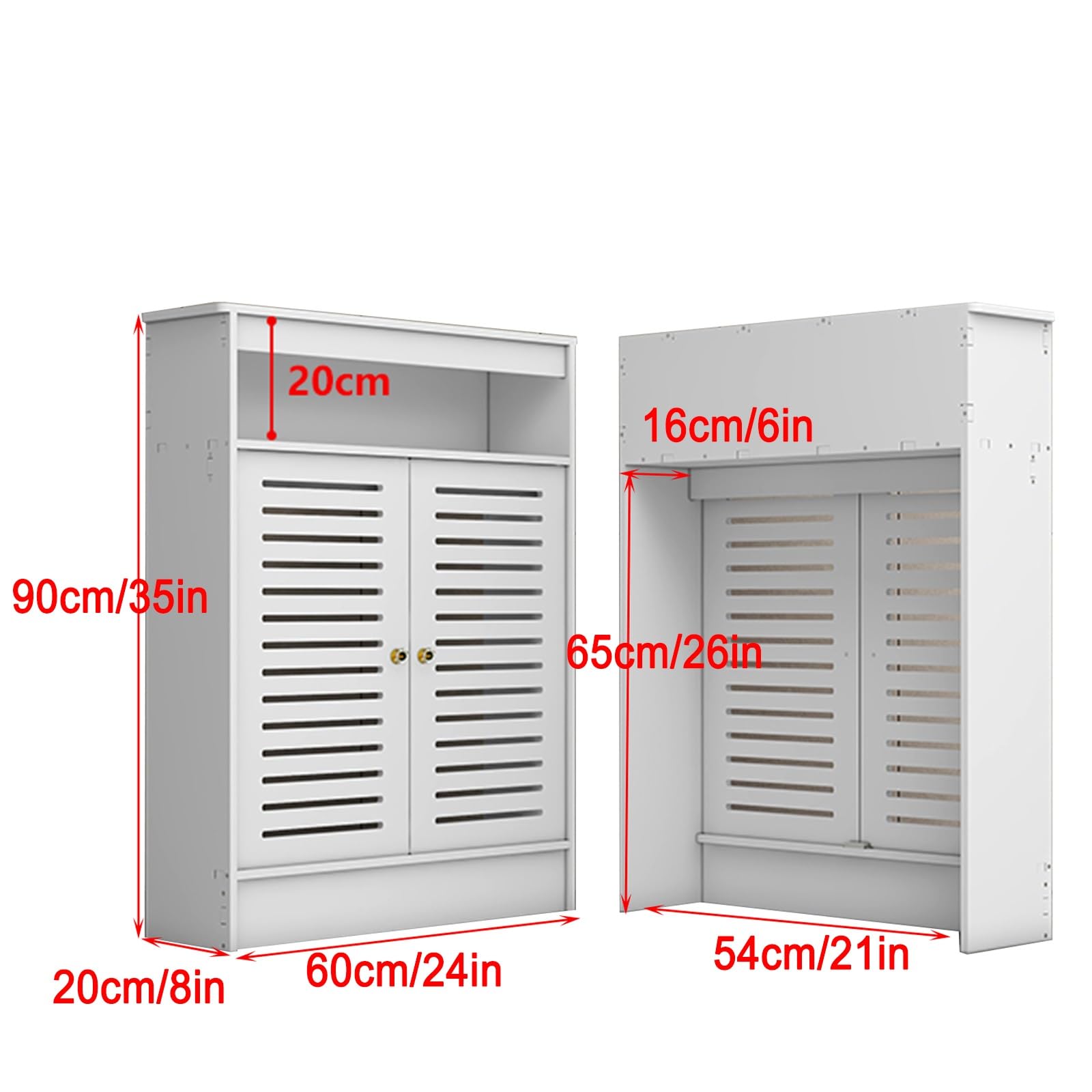 Copertura per termosifone bianca con griglia a feritoia e Sto nizer con 2 ante per soggiorno e bagno, 60 x 20 x 90 cm, design