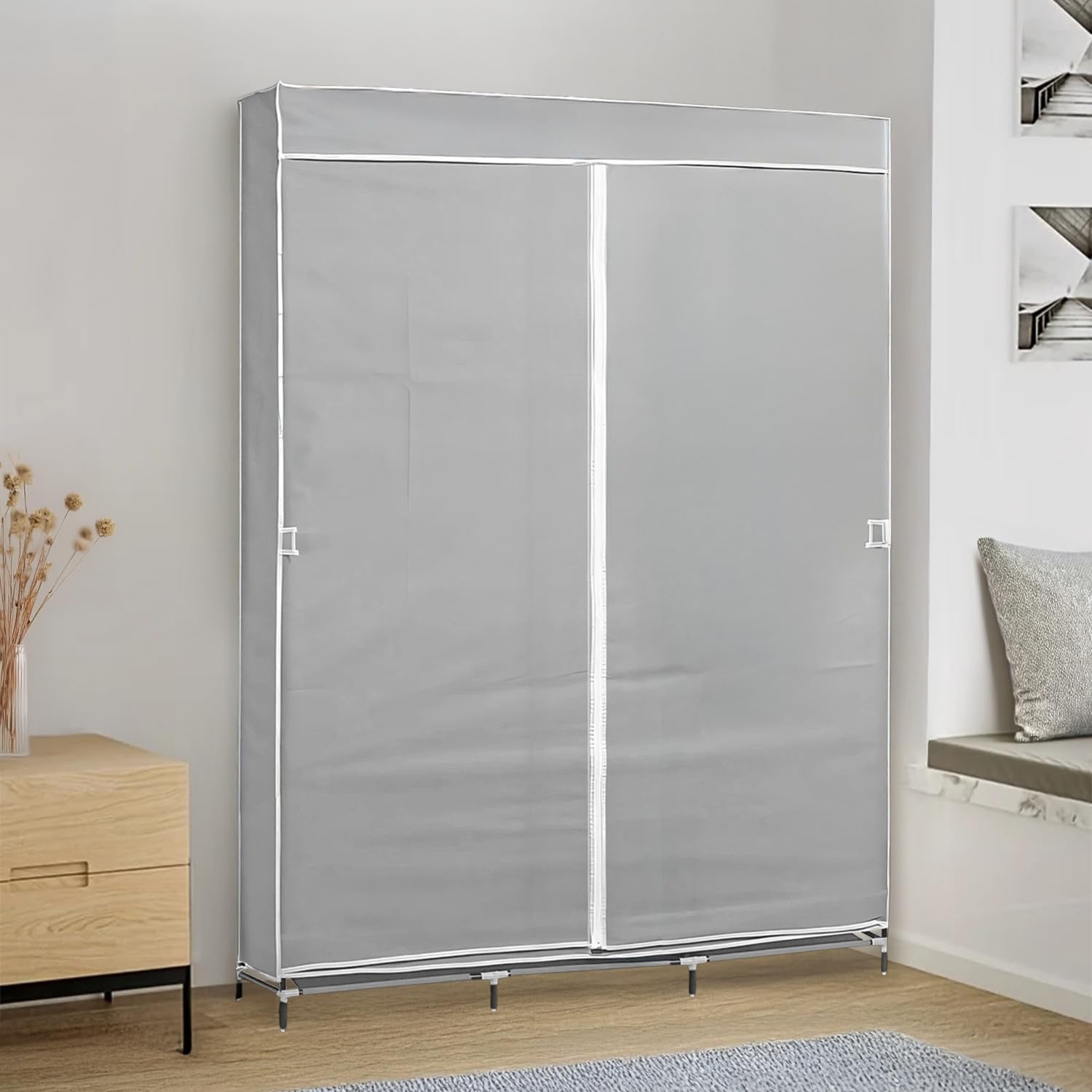 7H SEVEN HOUSE Armario Ropero de Tela Triple con Cortinas Correderas Blanco/Gris 118x45x169cm 7house