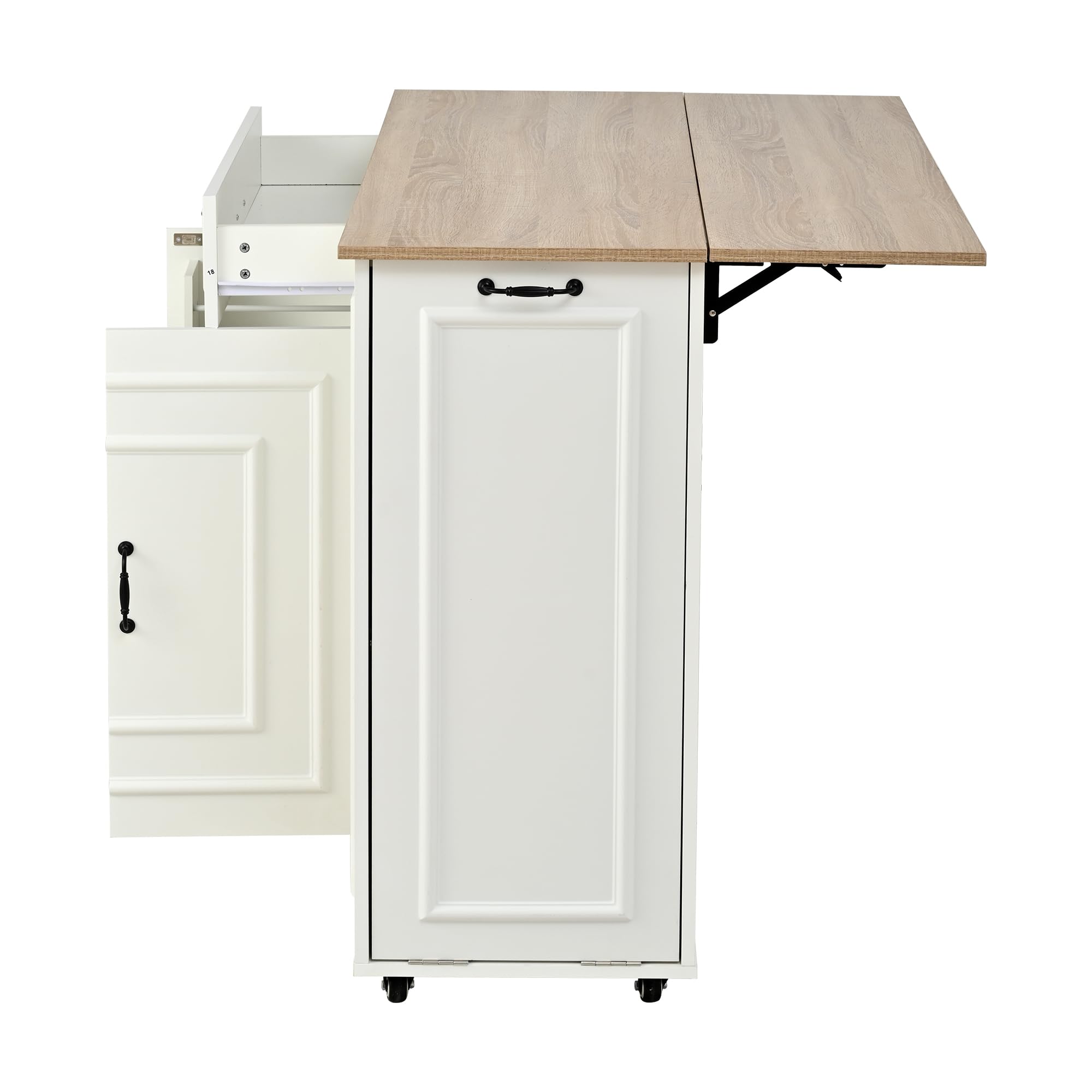 Kücheninsel mit Steckdose – Klappbare Arbeitsplatte ausziehbar zum Esstisch, Küchenwagen mit Schublade & Fächern, auf Rollen, 110x40(70) x90 cm, Weiß