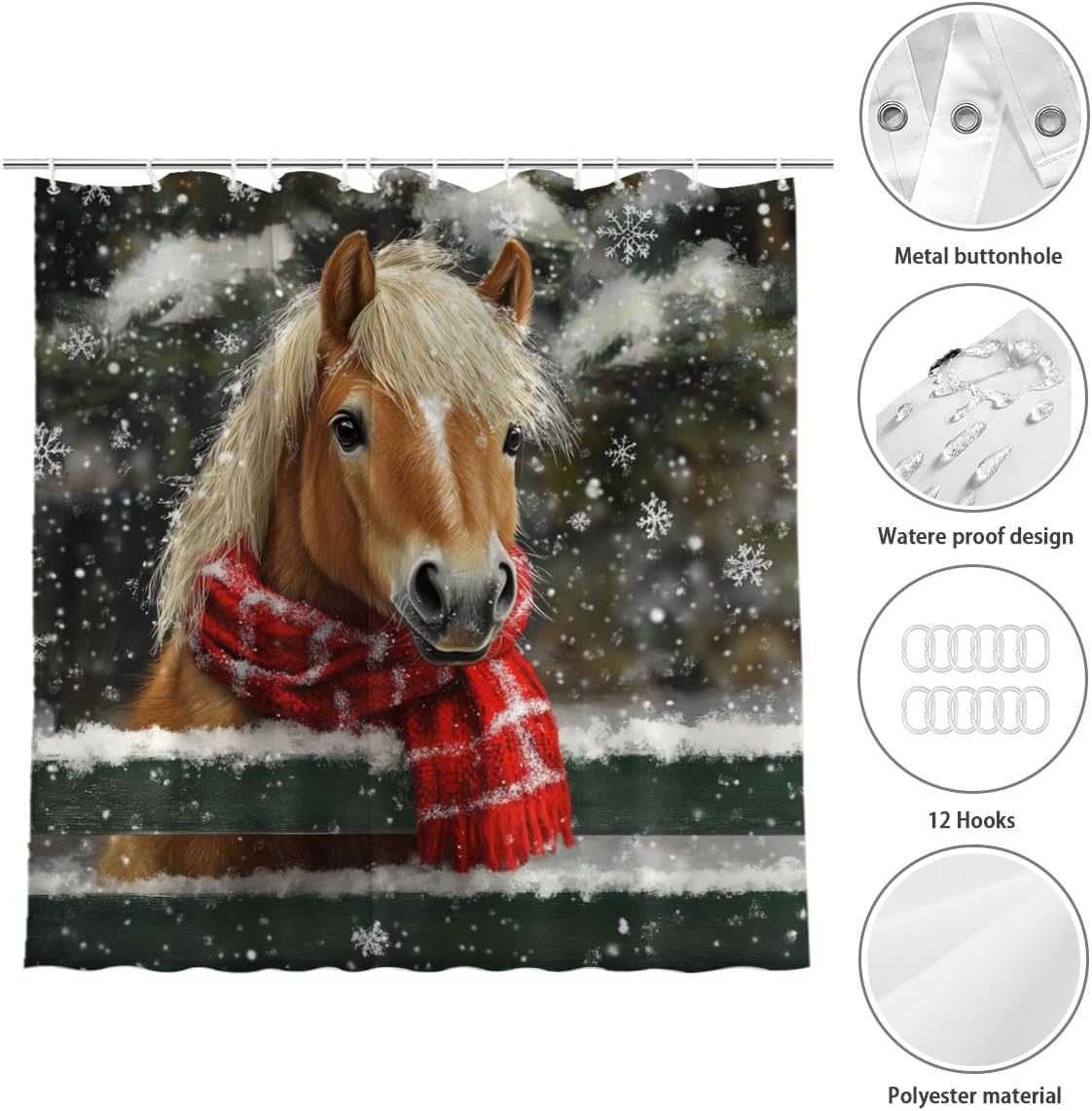 72x72 inch Winter Snowing Horse Shower Curtain Set Christmas Snowflake Forest Bathroom Curtain Durable Waterproof Fabric Bathtub Sets Home Decor