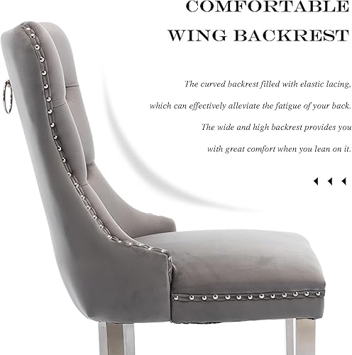 Miniatura 7 de Juego de 2 sillas de comedor de terciopelo, sillas de comedor tapizadas con ribete de cabeza de clavo y patas chapadas en plata de acero inoxidable
