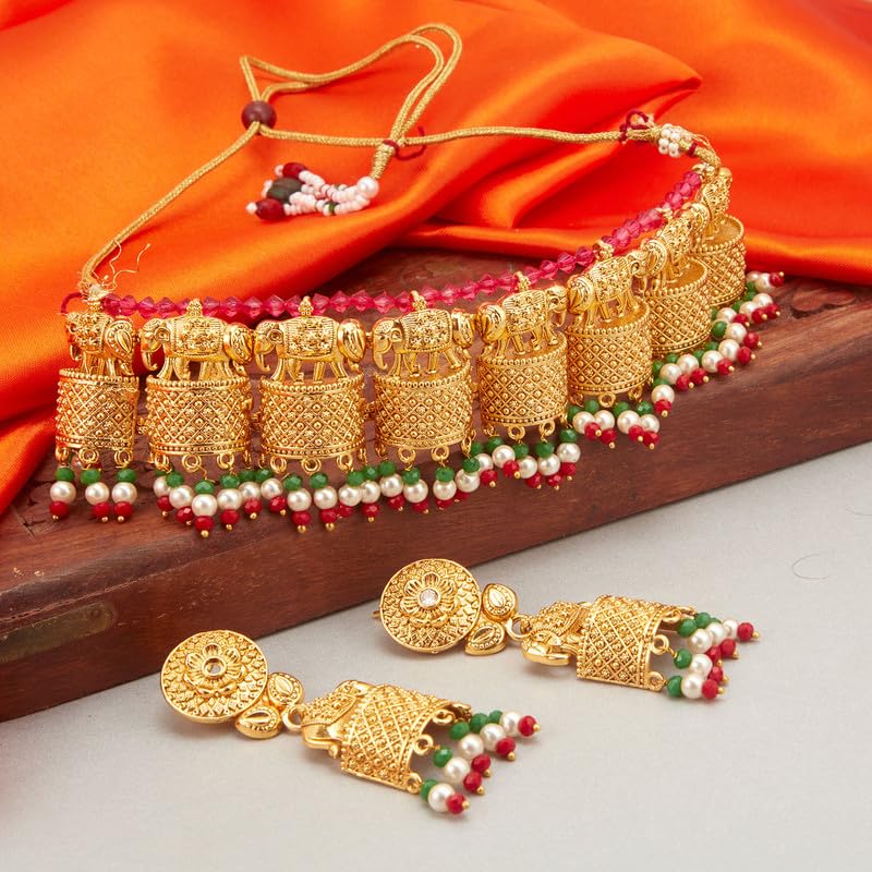 Aheli Elegante tono oro realizzato etnico festivo festa di nozze indossare collana girocollo Jhumki orecchini set per donne indiane gioielli di moda tradizionali, Metallo