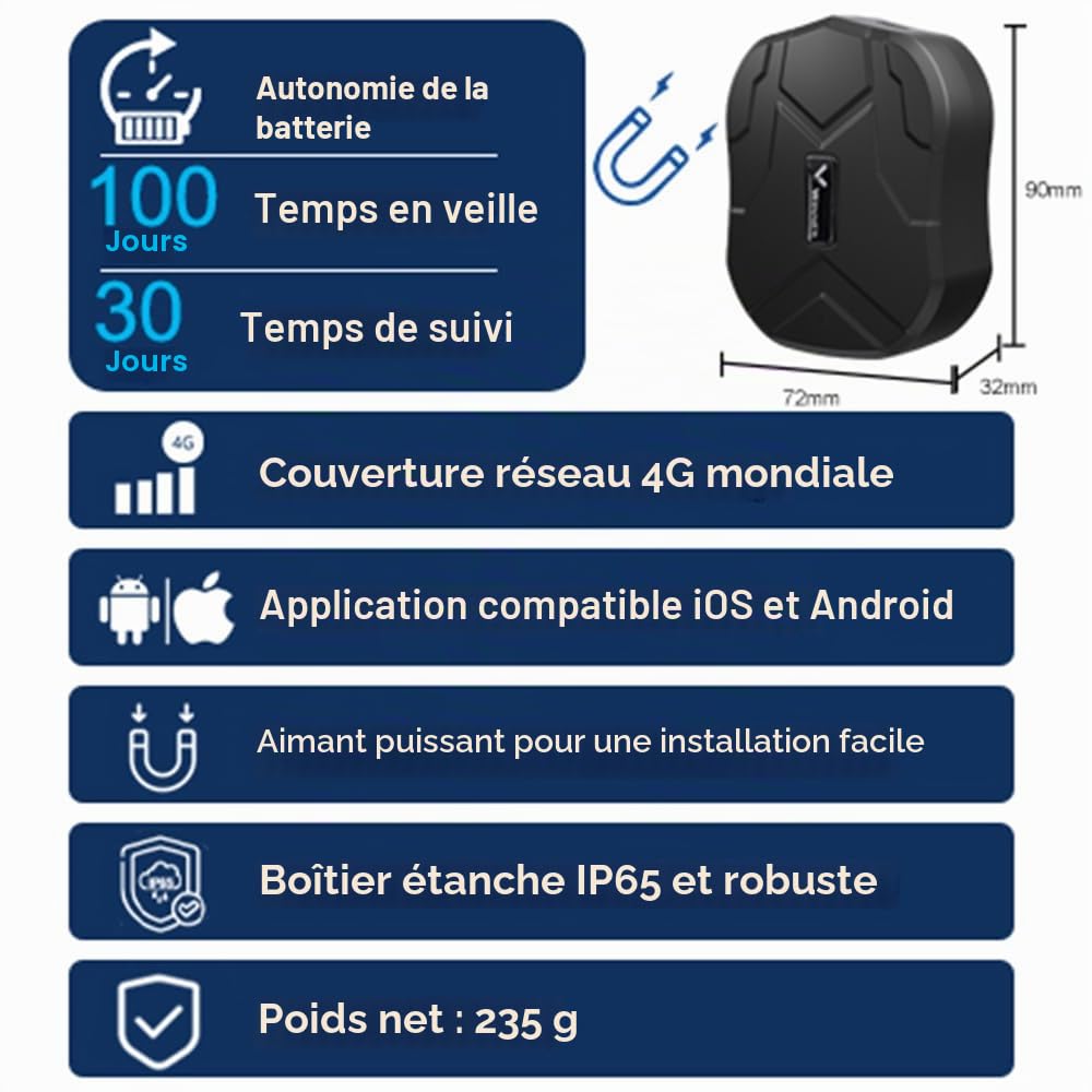 Traceur GPS Voiture 4G Longue Autonomie Suivi en Temps Réel,Tracker GPS Magnetique Étanche No Distance Limit Traqueur pour Véhicules Camion Moto TK905B