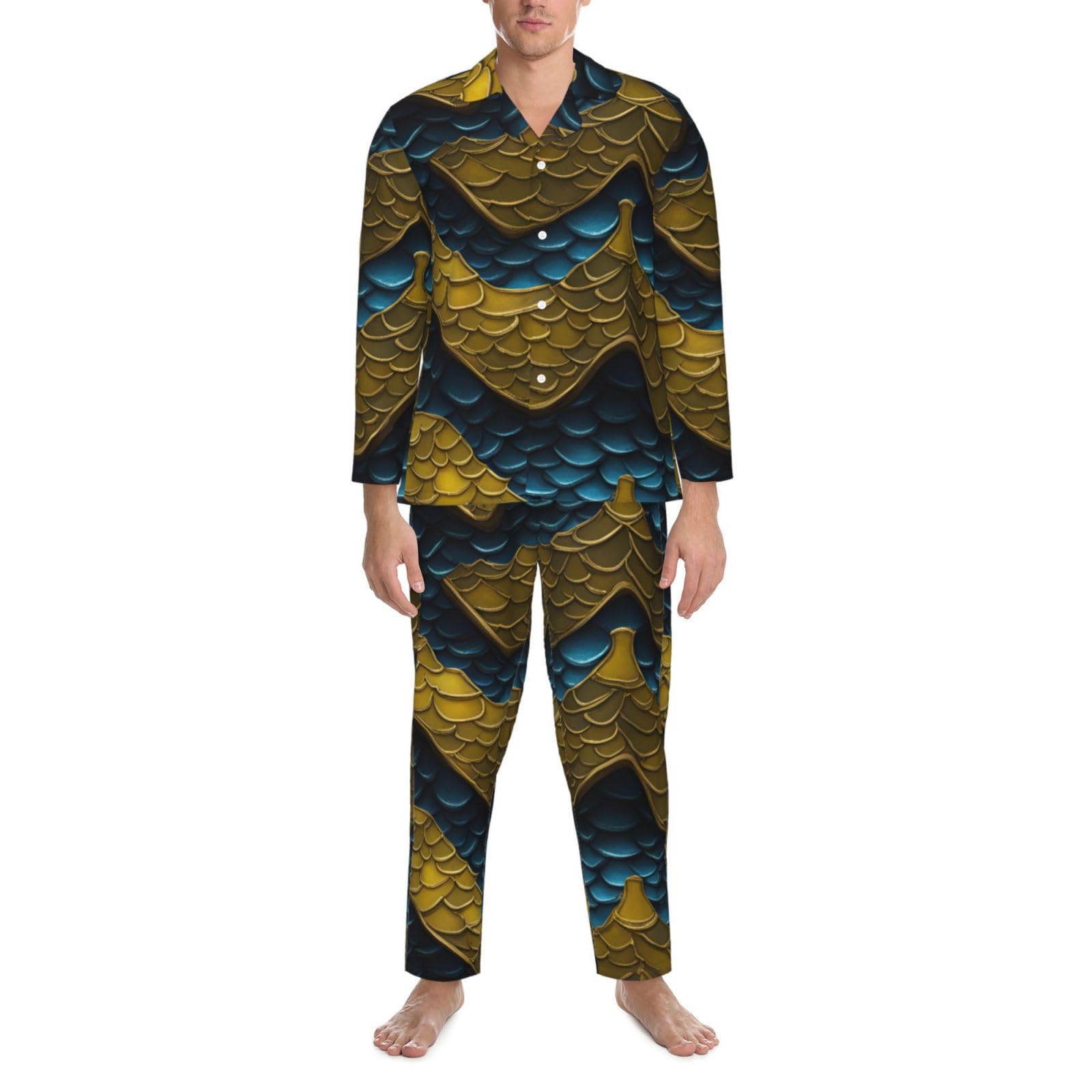 Herren-Pyjama-Set, langärmelig, Drachen-Schuppen-Druck, zweiteilig, bequem, Nachtwäsche