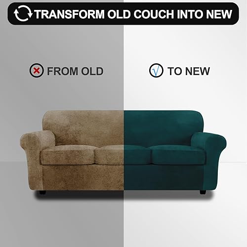 Miniatura 5 de FestiCorp Fundas de sofá de terciopelo para sofá de 3 cojines, fundas elásticas de 4 piezas, fundas gruesas para muebles para perros y mascotas,