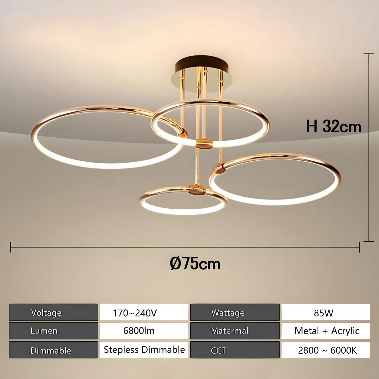 4 Ring Gold Led Deckenleuchte, Ø75cm | 85W Kronleuchter Stufenlos Dimmbar, Kreative Metallgalvanik Pendelleuchte, Moderne Lampe Für Schlafzimmer, Wohnzimmer, Kinderbüro Arbeitszimmer Küche