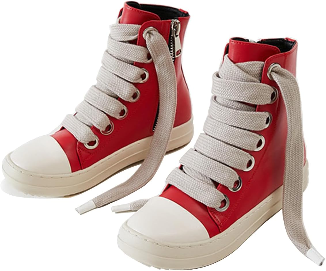 Vertundy Womens Platform High Top Sneakers X-Wide Lace Up Fashion Zipper Pu Leather Round Toe Comfortable Sneaker Shoes Red