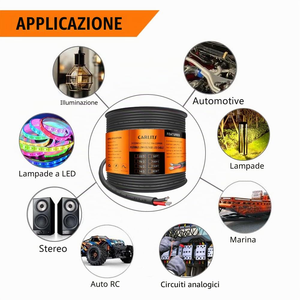 Cavo Elettrico a 3 Conduttori Calibro 16 3x1,3mm², 30,48M Cavo Nero a Bassa Tensione 16/3 Custodia in PVC, Prolunga Flessibile per Lampada a LED