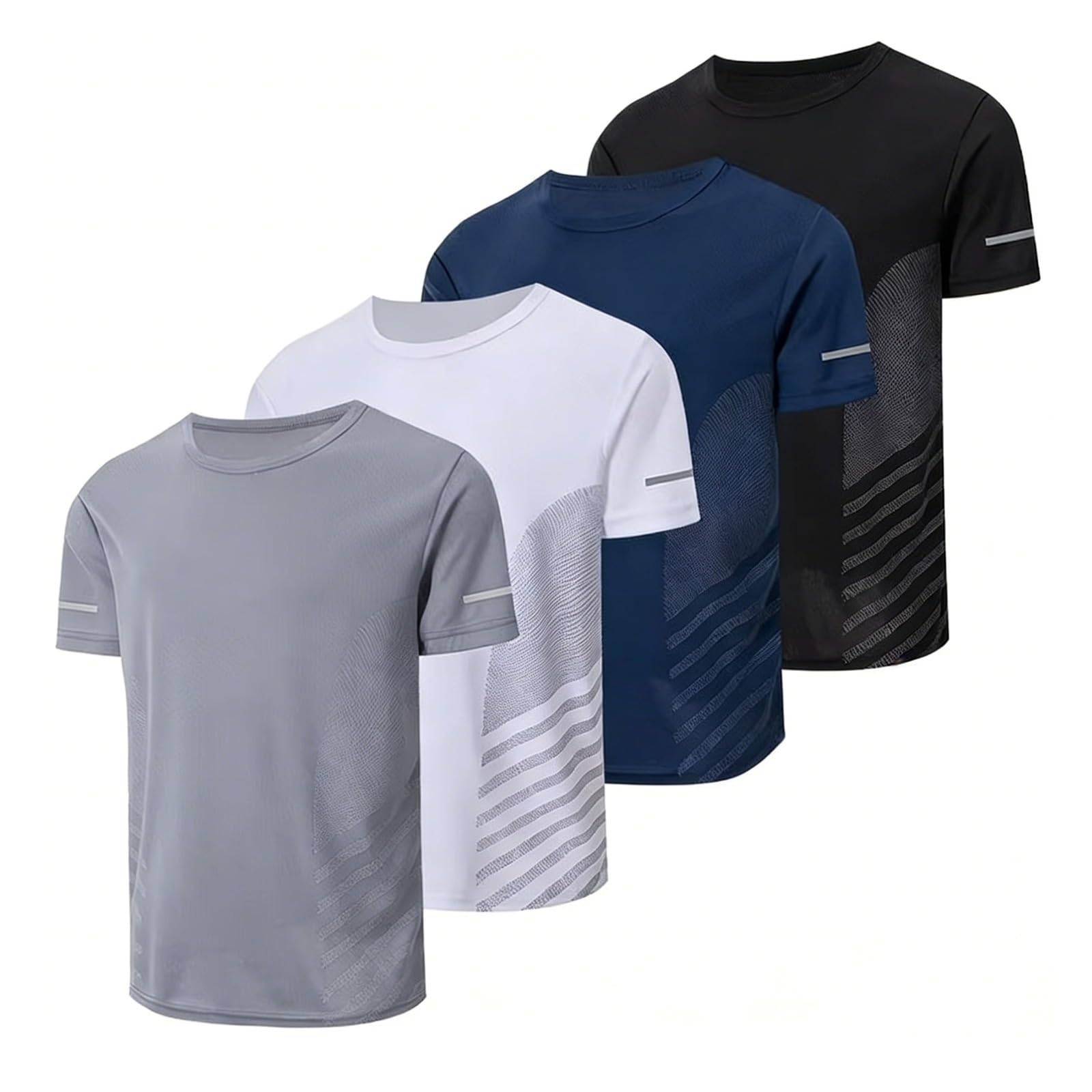 Camiseta de entrenamiento de secado rápido para hombre, transpirable, cuello redondo, manga corta con tira reflectante para gimnasio y correr