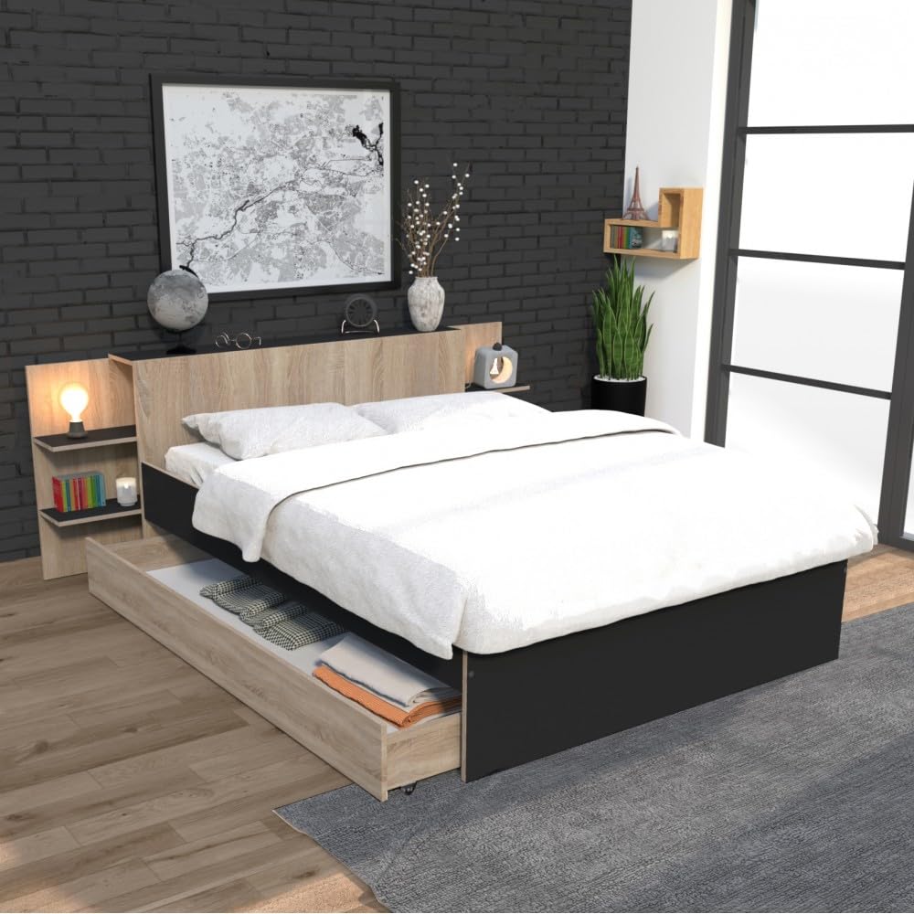 WEBER INDUSTRIES Lit City 140x190 + tête de lit Chevet+ 1 tiroir/Décor Noir & chêne Blanchi