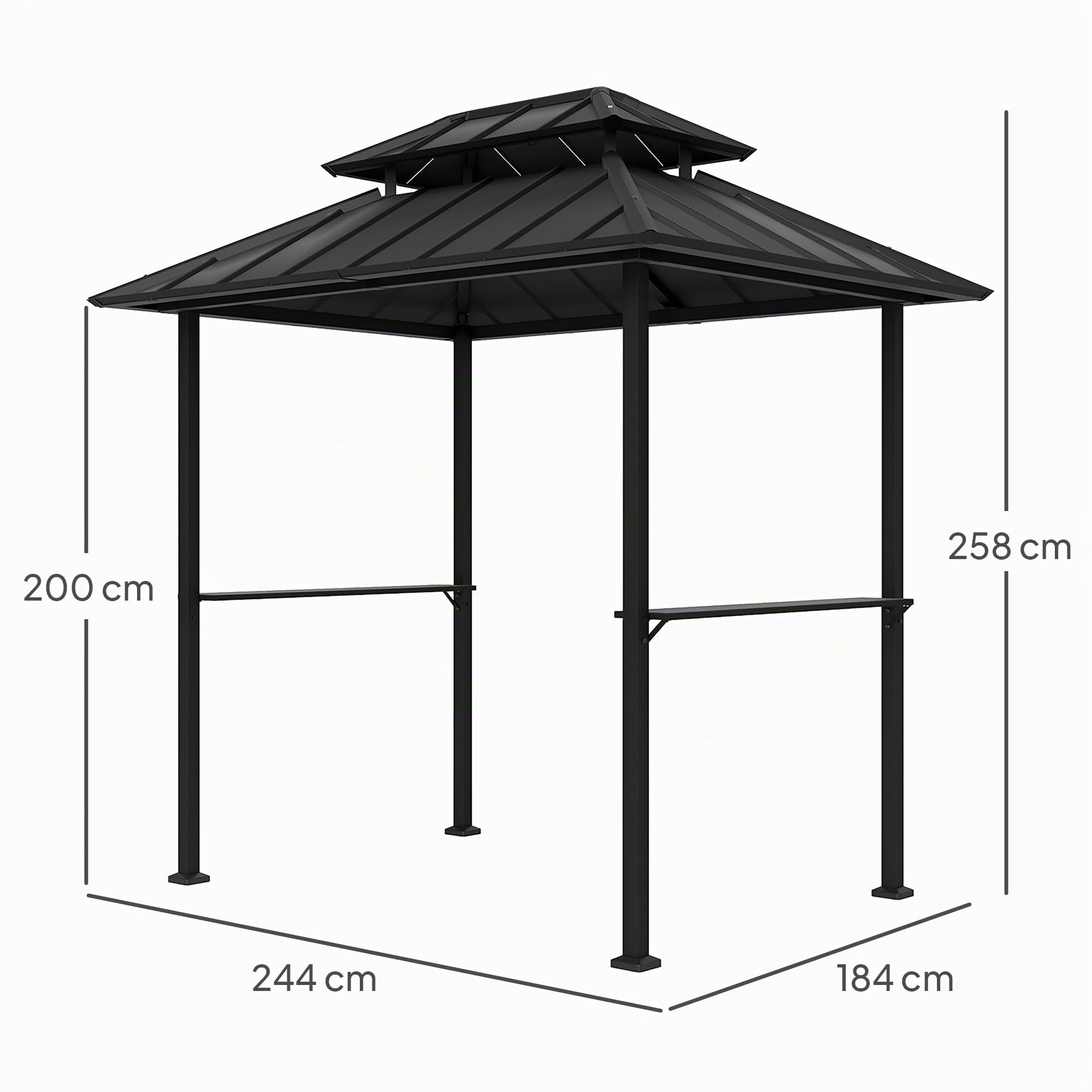 Outsunny Barbacoa cenador rígido de Doble Techo, cenador de jardín con 2 estantes y Gancho Superior, toldo de Barbacoa para terraza de jardín, 244x184x258cm, Negro