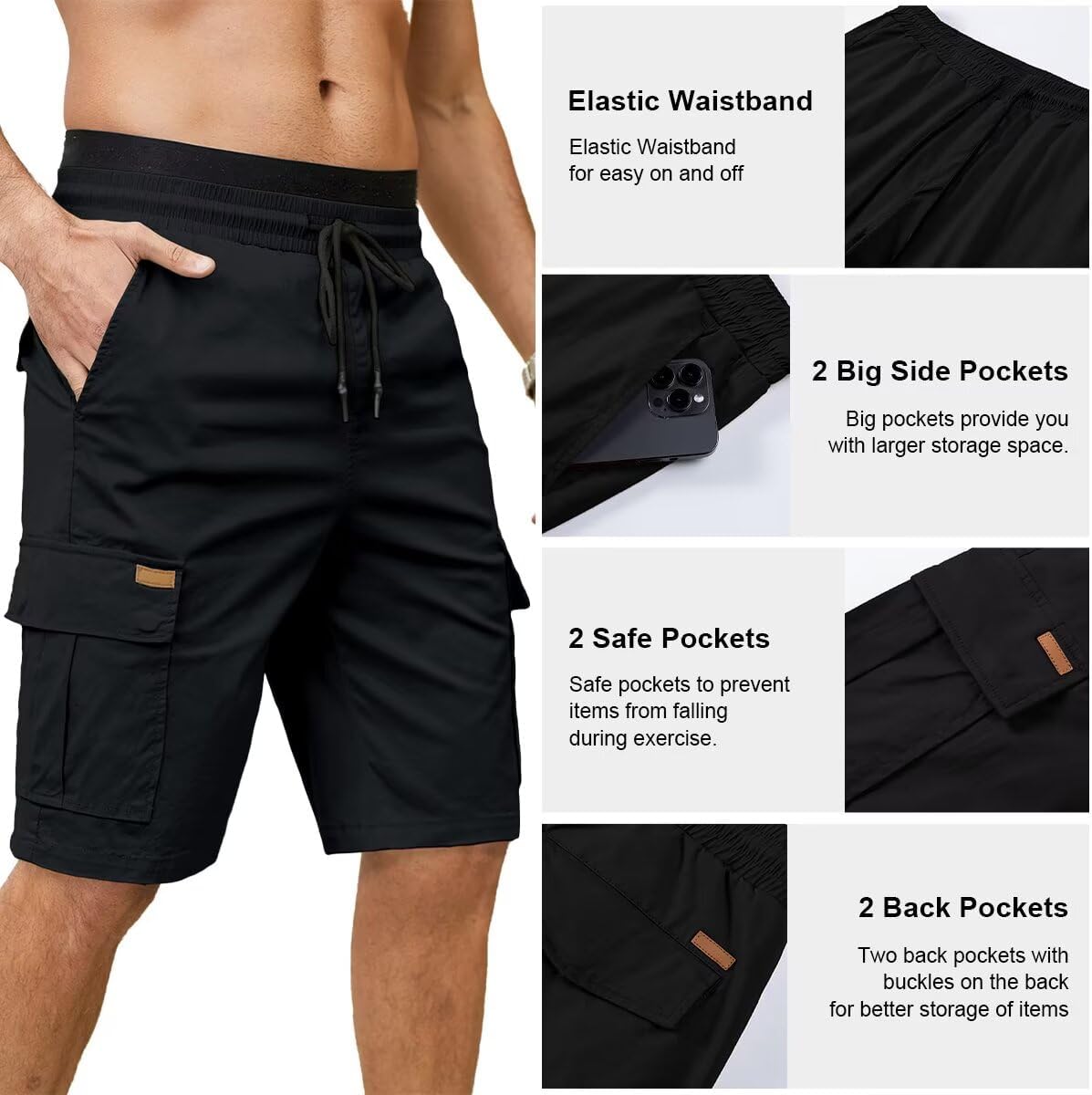 Mens Cargo Shorts Casual Waist Elastic Drawstring Outdoor Golf Shorts with 6 Pockets - Image 3