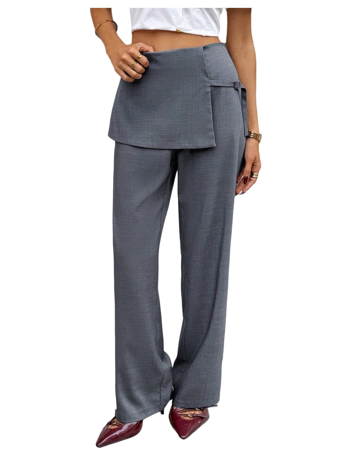 MakeMeChic Womens Elastic Waisted Layered Business Work Trousers Straight Leg Office Suit Pants