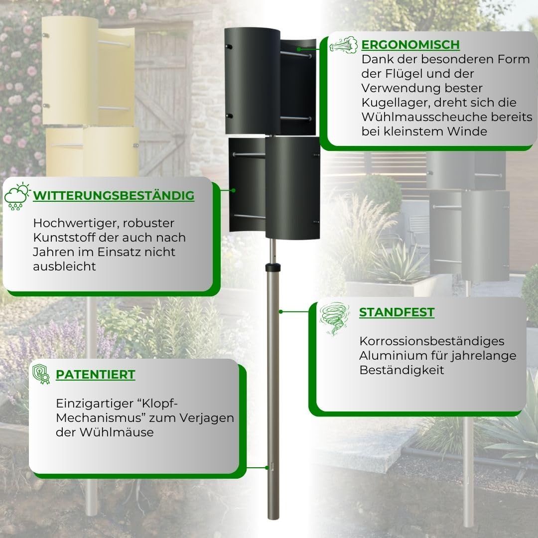 Beckmann Wühlmausscheuche 156 cm – Windrad gegen Maulwurf & Wühlmaus vertreiben – Stabiler Maulwurfschreck & Vertreiber ohne Chemie – Winterfest, Made in Germany