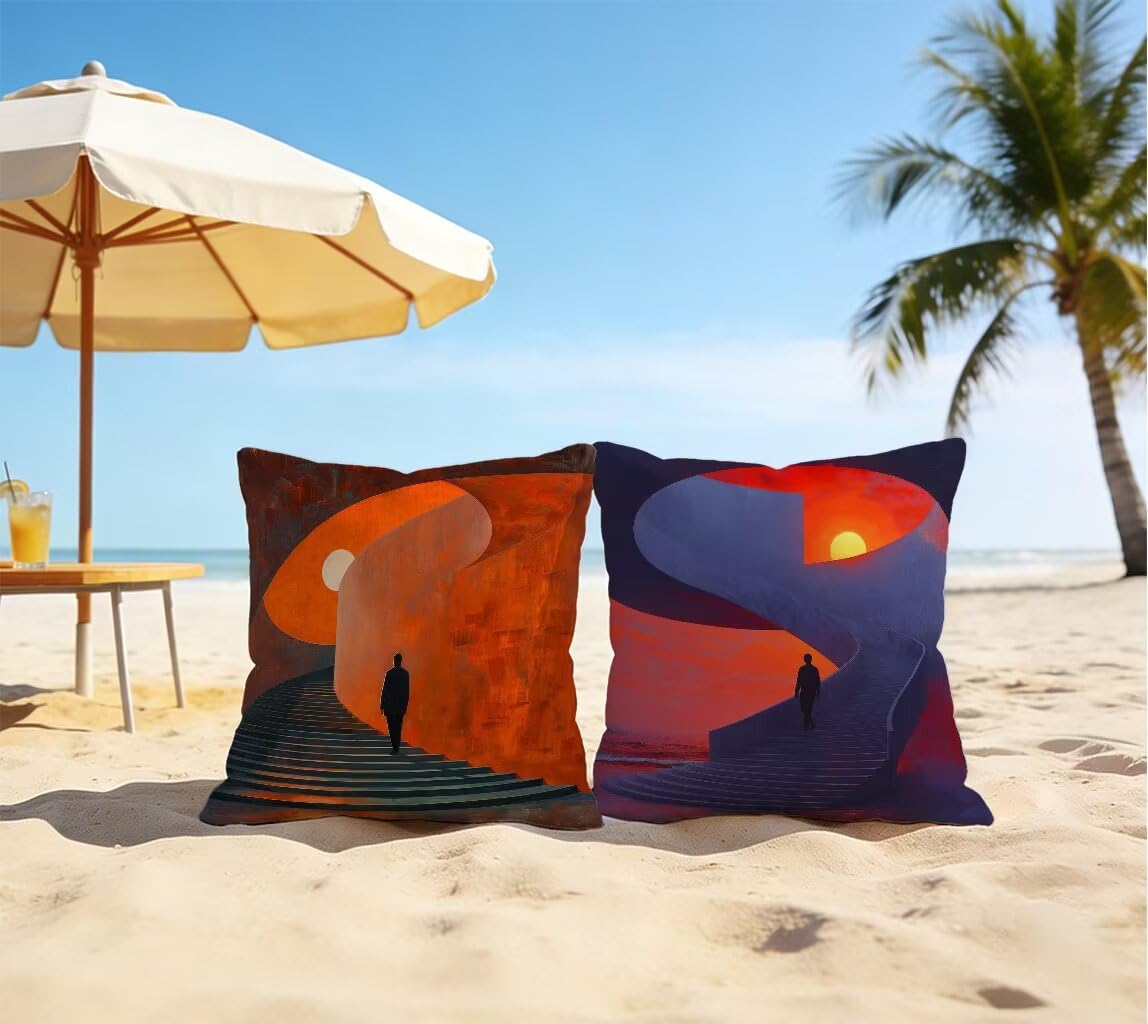 Taie Oreiller 65x65 cm Lot de 2 Rouge Housse de Coussin 65 x 65 Gros Coussin De Canapé Lin Taie Oreiller Exterieur Coucher De Soleil pour Printemps Été Chaise Chambre Terrasse Décoratifs 4-4967V2