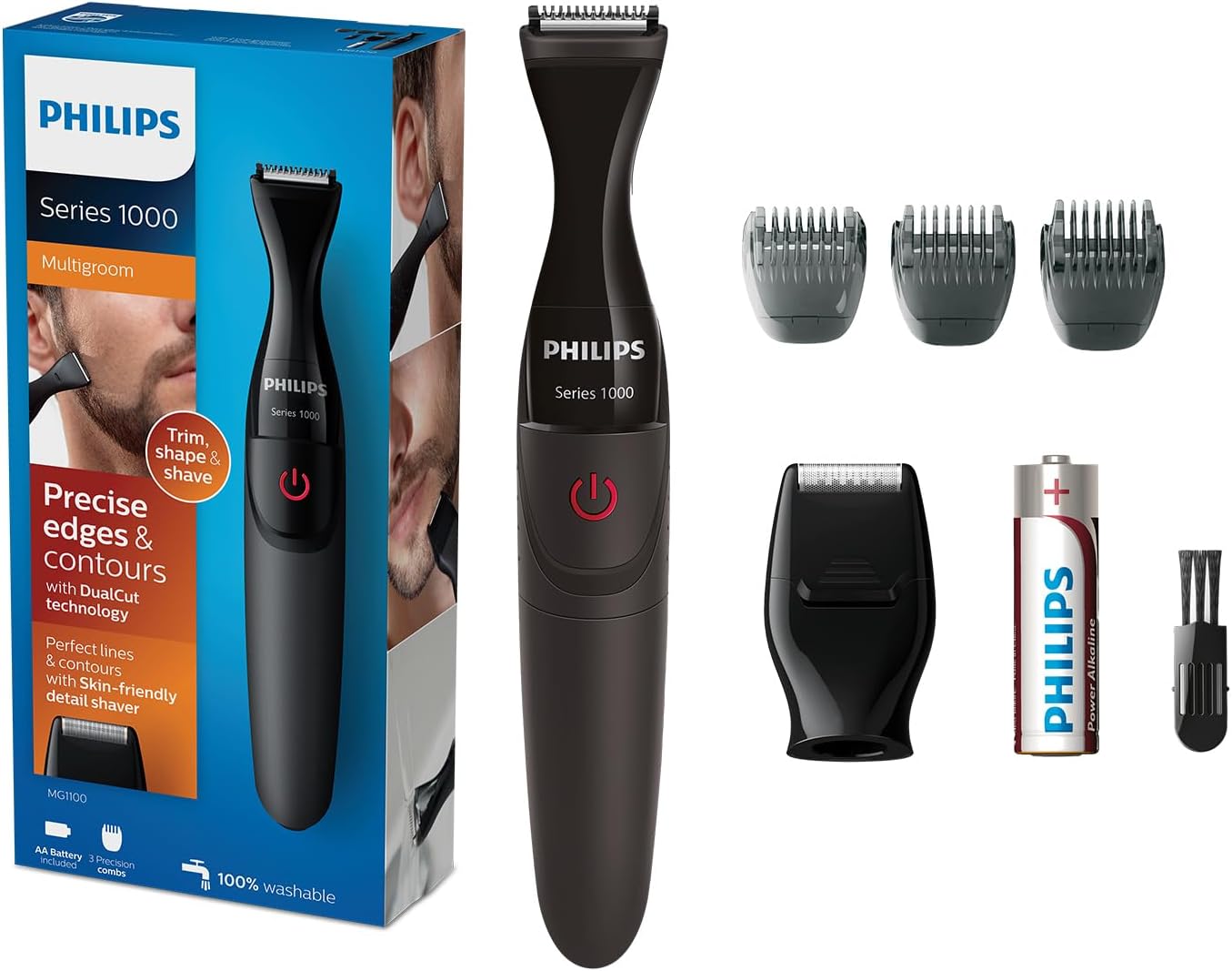 Multigroom MG1100/16 | Ultra-Precise Beard Styler | 3 Precision Combs, Fully Washable | AA Battery Included