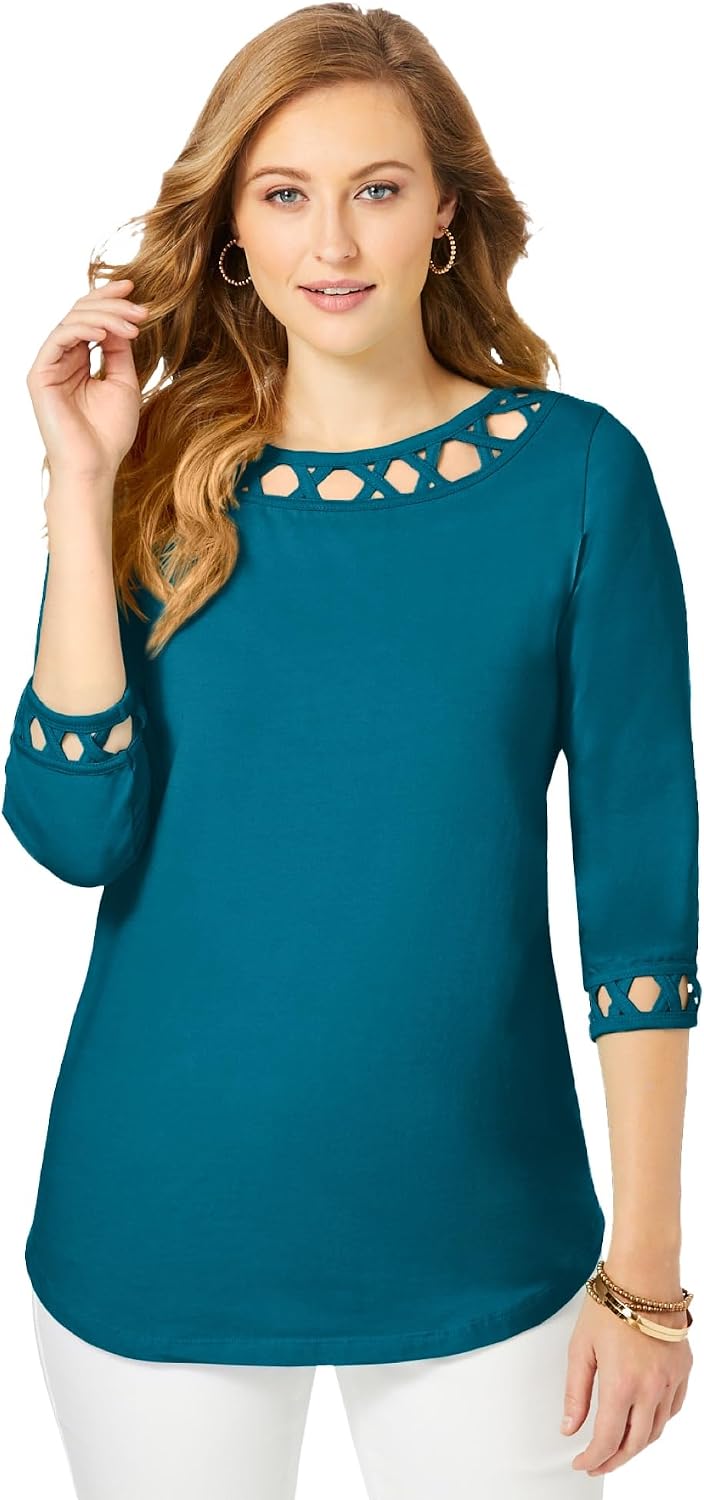 Jessica London Women's Plus Size Stretch Cotton Lattice Boatneck Tunic