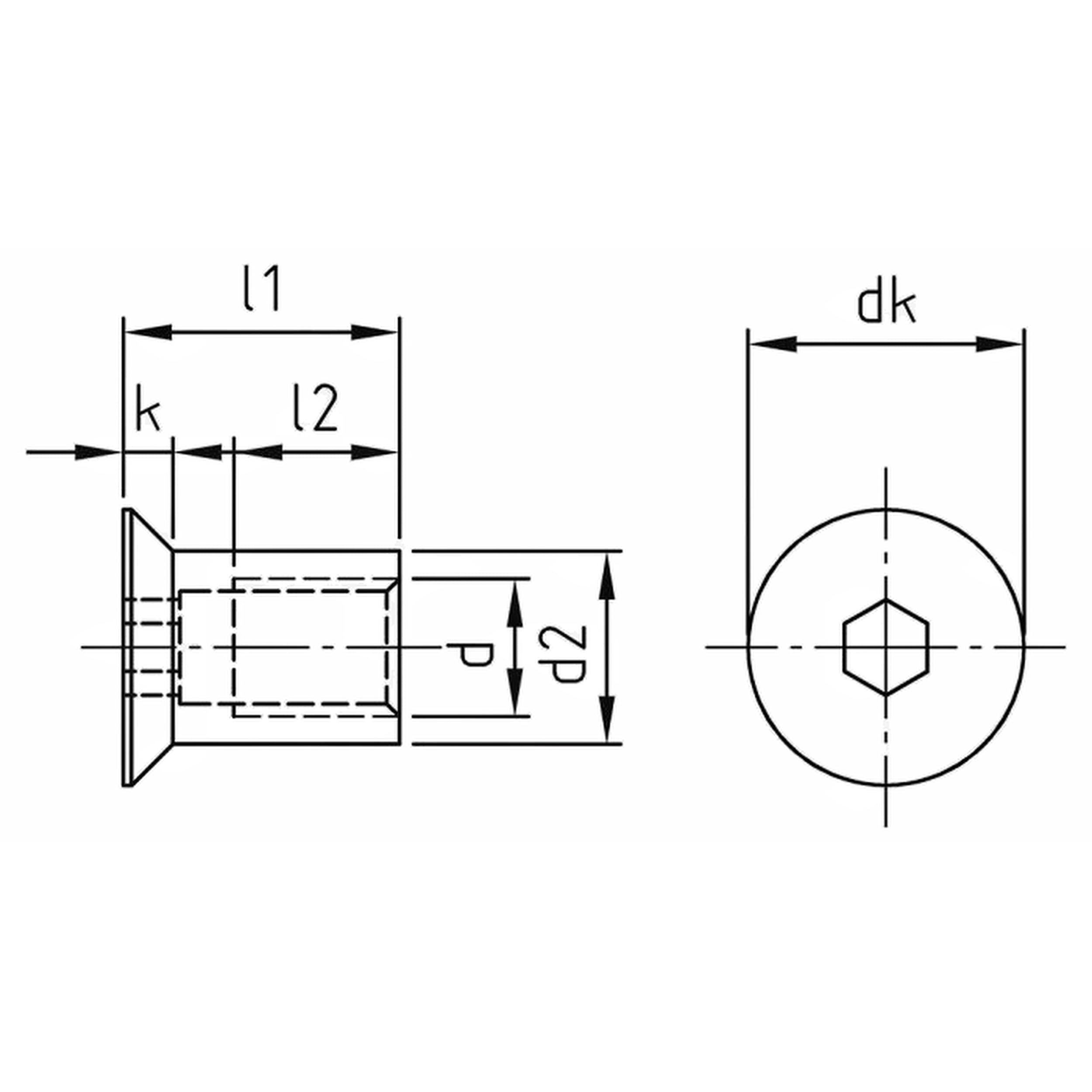 Tuercas de manguito M8 x 16, acero inoxidable A1, similar a DIN 9062, cabeza avellanada SW 2-50 unidades
