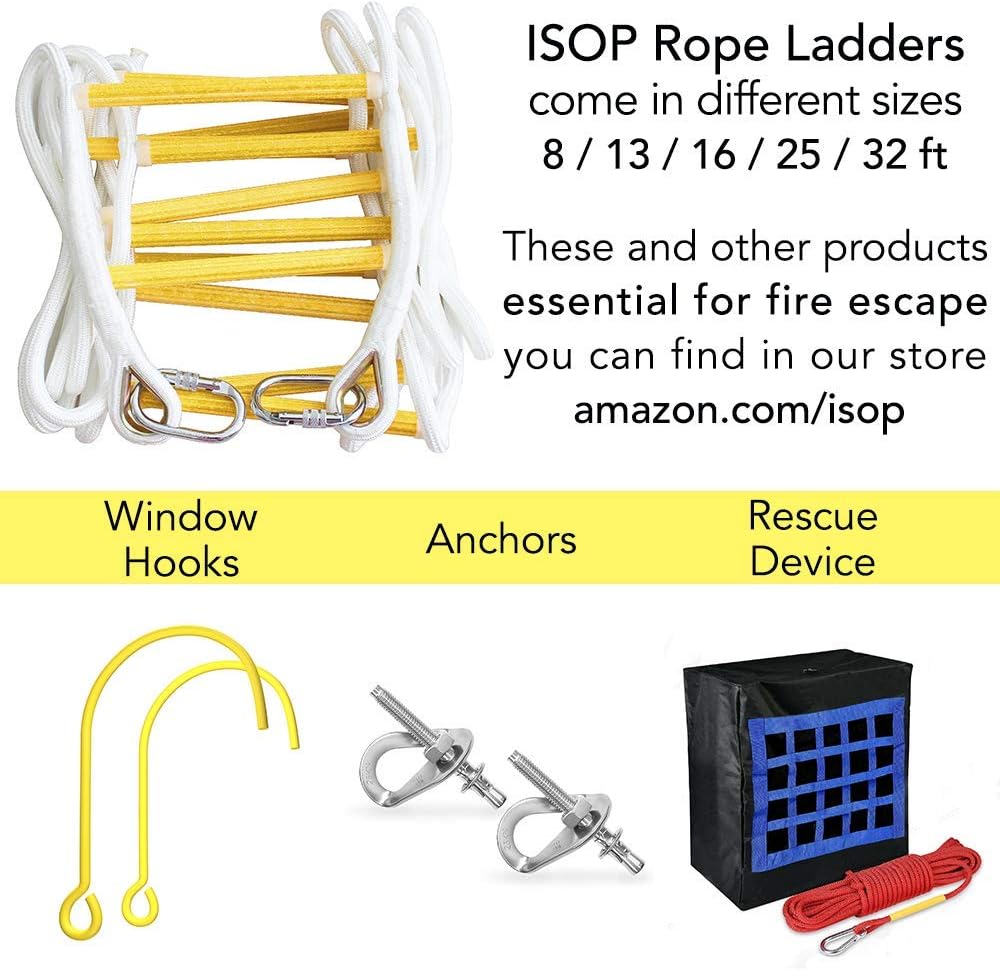 ISOP Fire Escape Ladder for Second Story Windows 8 ft Weather Resistant Safety Rope Ladder with Hooks - Weight Capacity up to 2000 Pounds