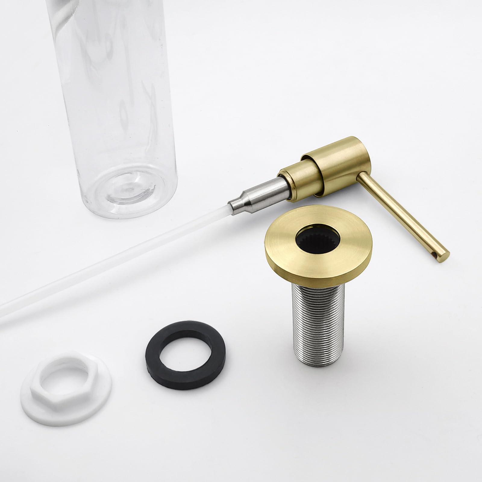 EADOT Distributeur de savon en laiton doré brossé pour évier de cuisine monté avec 482,9 g au-dessus de l'évier - Bouteille rechargeable en PET - Tête de pompe en laiton sur comptoir
