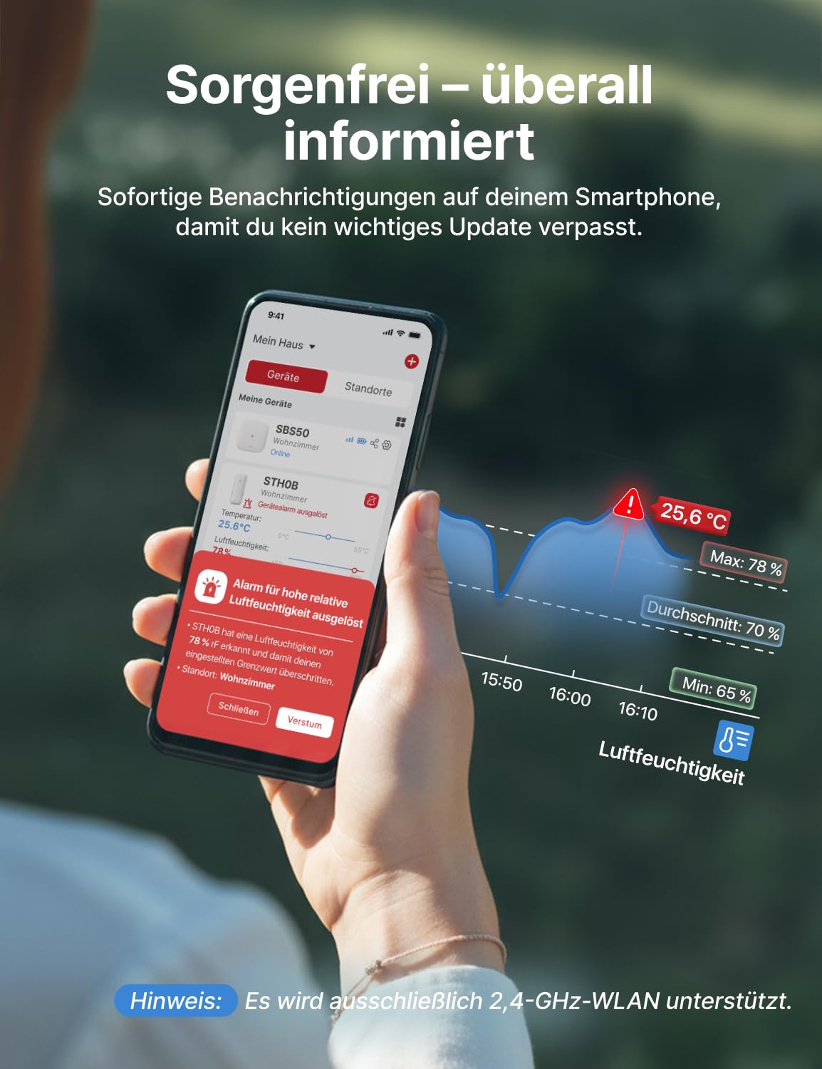 X-SENSE WLAN Hygrometer-Thermometer mit SBS50-Basisstation, Smart Temperatursensor für Innenraum-Temperatur & Luftfeuchtigkeit, App-Benachrichtigungen, 4 Sensoren & 1 Basisstation，STH0B41