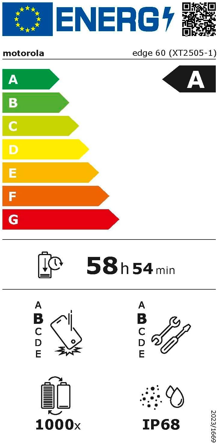 Motorola Edge 60 EU energy efficiency label showing class A, 58 hours 54 minutes battery endurance, and durability ratings.