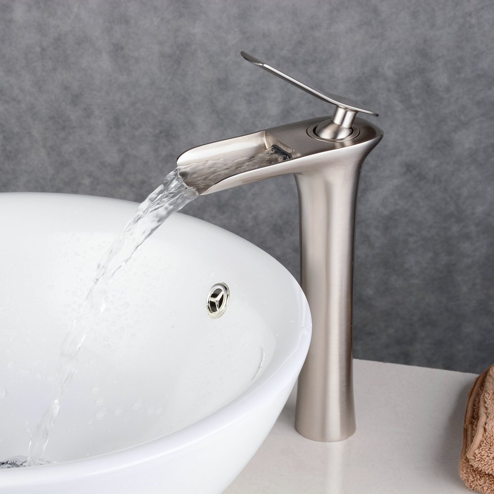 Beelee BL9009NH Miscelatore Rubinetto Bagno Cascata con Corpo alto, Monocomando Rubinetto per lavabo in ottone massiccio, Finitura Nichel Spazzolata