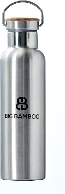 Big Bamboo Sustainable Stainless Steel Water Bottle 600ml - BPA Free, Leak Proof, Eco Friendly, Double Wall Insulated for Cold/Hot Drinks