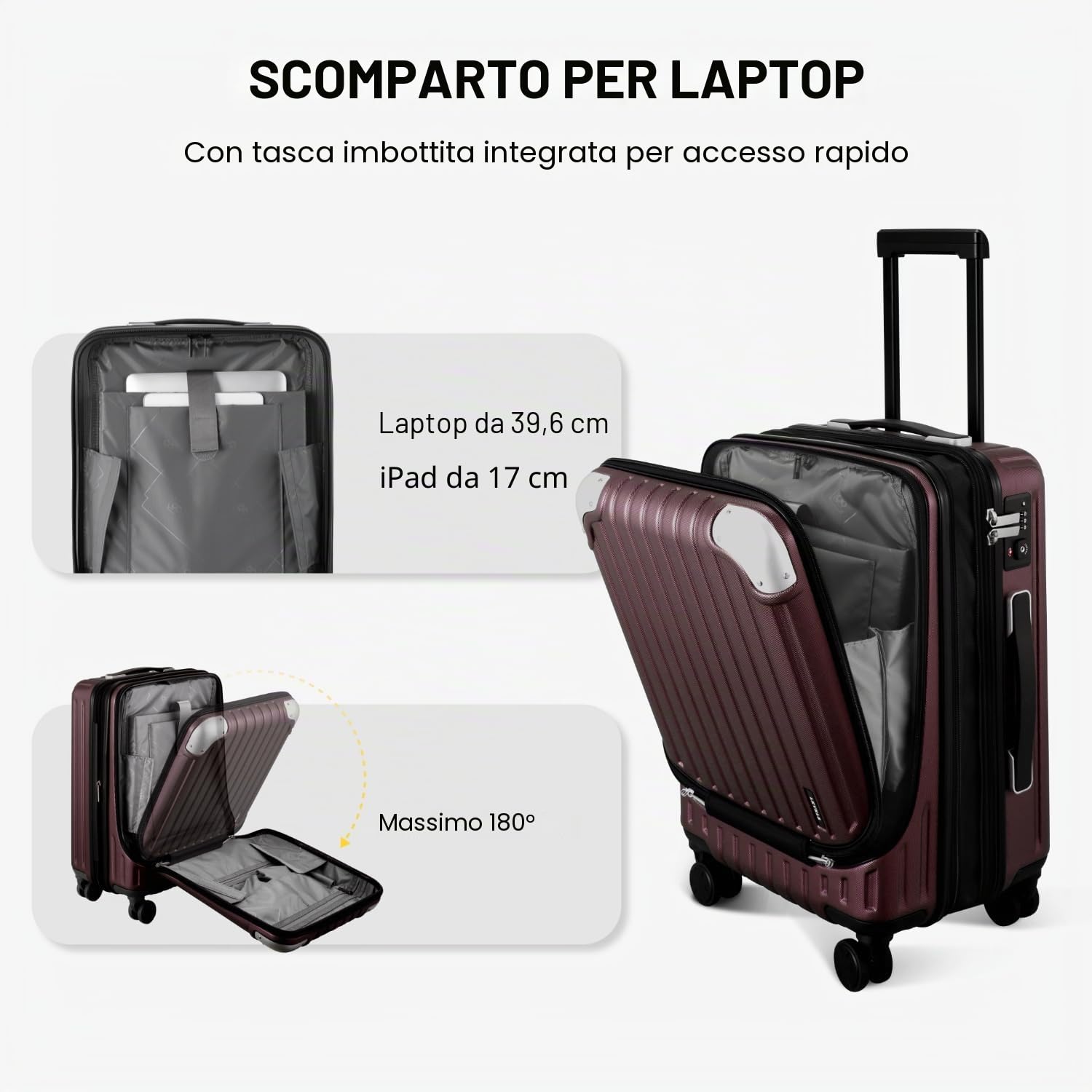 LEVEL8 Valigia Bagaglio a Mano 55CM Espandibile Valigia Trolley Rigido Ultra Leggero in ABS+PC Valigie con Chiusura TSA e 4 Ruote Doppie Girevoli, 55x37x25CM, 42L, Rosso
