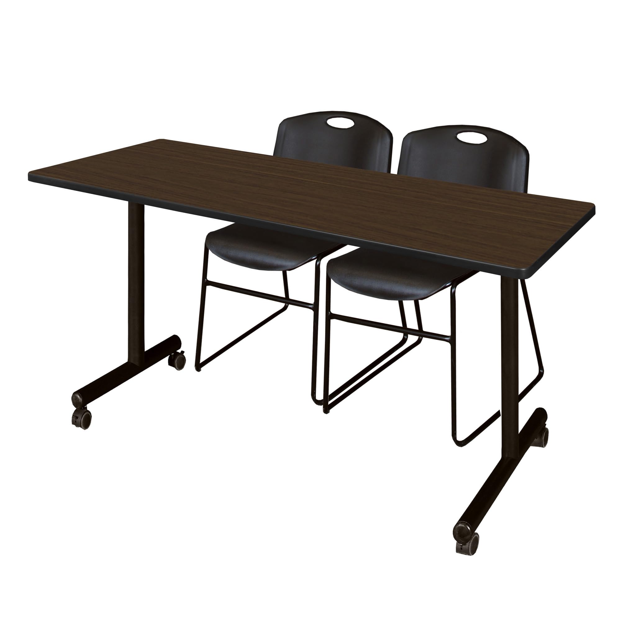 Regency Kobe 66 x 24 in. Mobile T-Base Training Table- Neo Walnut, 2 Zeng Stack Chairs- Black