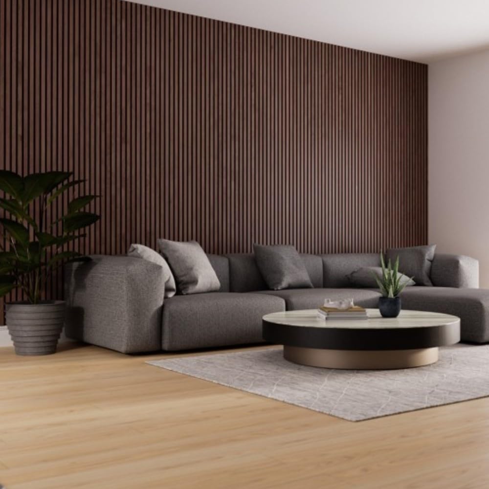 Set 4 pannelli fonoassorbenti decorativi in mdf per uso interno, Effetto Legno, Pannelli Murali, Design Moderno 60xH275 cm (Noce scuro)