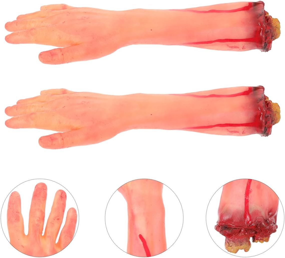 Abaodam 2pcs Scary Simulated Severed Hands Props for Halloween Decoration Realistic Fake Broken Arms Bloody Broken Body Parts for Haunted Houses Pranks and Halloween Party Supplies