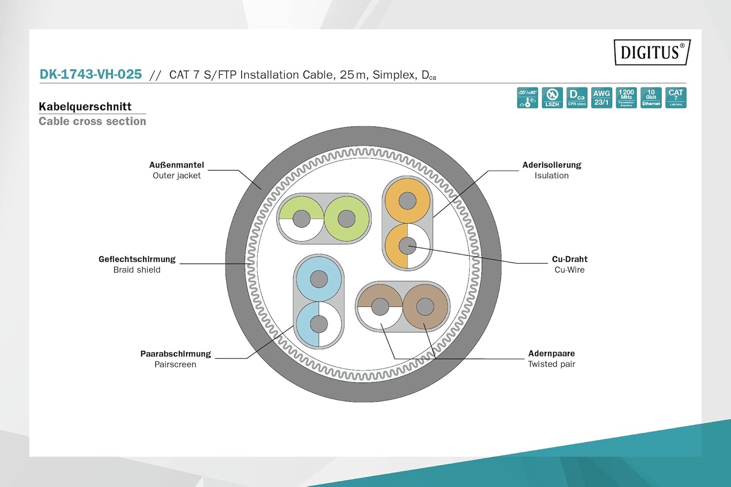DIGITUS Network Cable Cat-7-25m S-FTP Installation Cable - Simplex - Dca LSZH-3-1200 MHz - AWG 23/1 Copper - Orange